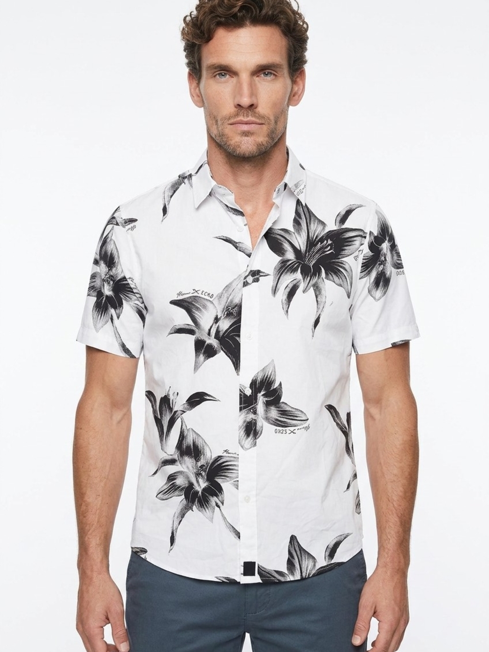 Marc Ecko White Short-Sleeve Button-Down with Black Floral Print